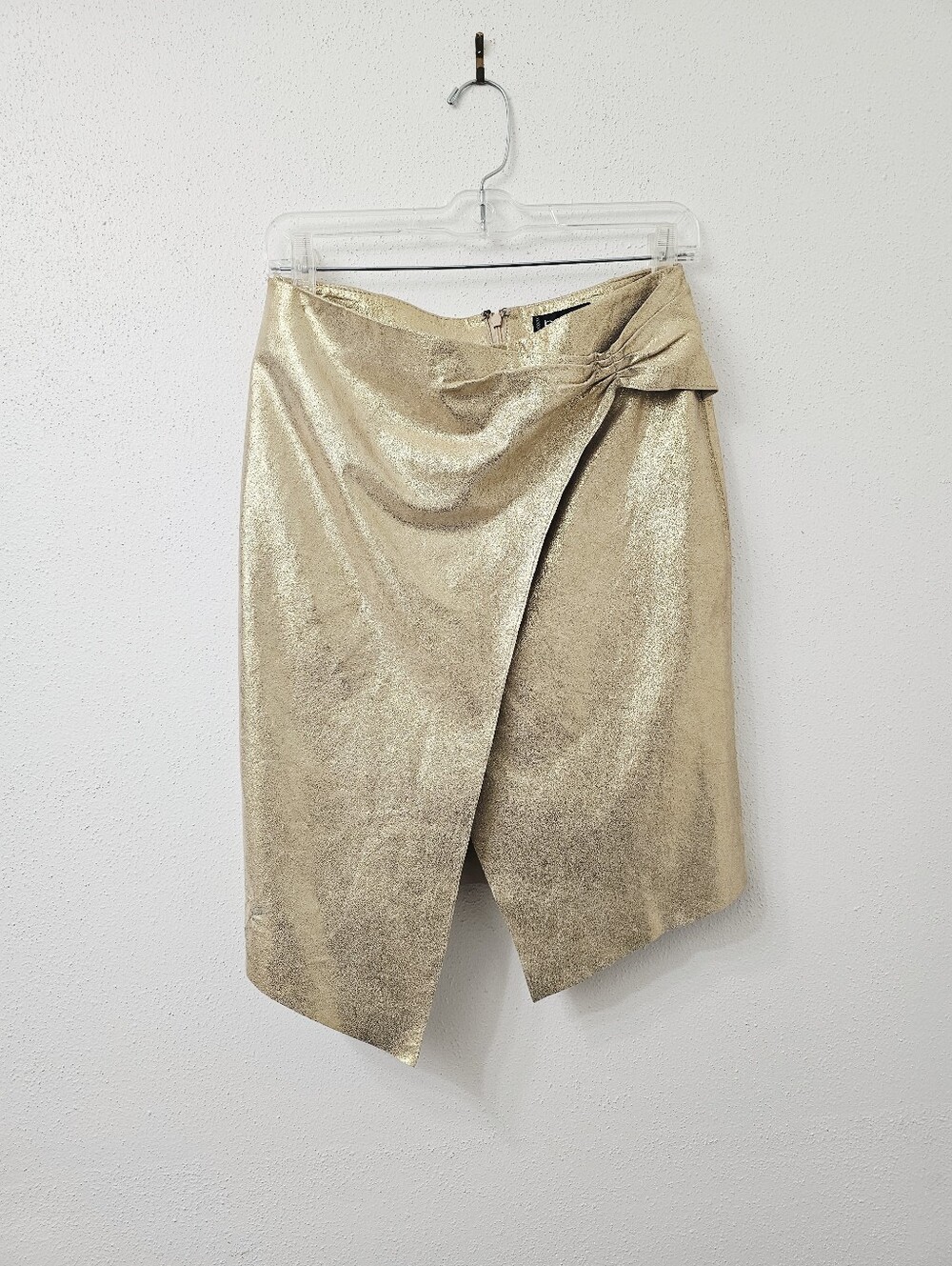 Authentic Vintage bebe Real Soft Leather Asymmetric Wrap Gold Metallic Skirt 4